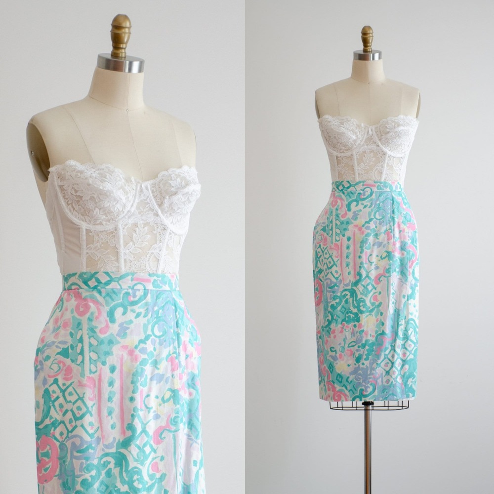 mint green‎ skirt 80s vintage white pink abstract floral pencil skirt